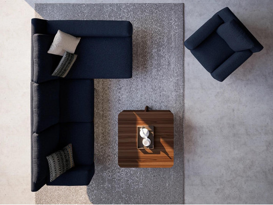Moderní modrodesignové obývací pokojové vybavení, polstrovaná pohovka, luxusní potahová textilie.