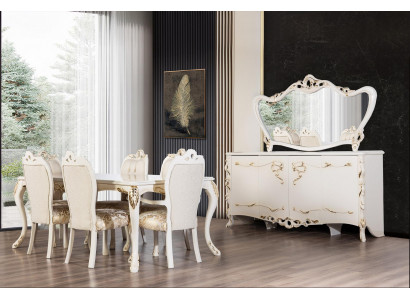Jídelní set 9 kusů Luxus nábytek Stůl 6x židle Komoda Zrcadlo Nový nábytek