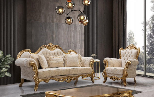 Chesterfield sofa a křeslo v béžové barvě v luxusním designu.