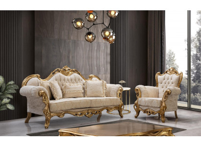 Chesterfield sofa a křeslo v béžové barvě v luxusním designu.