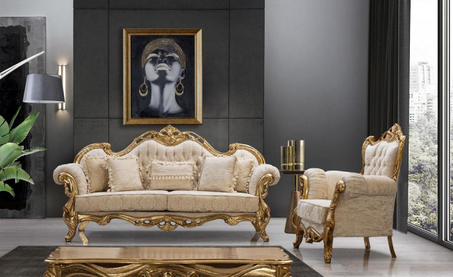 Chesterfield sofa a křeslo v béžové barvě v luxusním designu.
