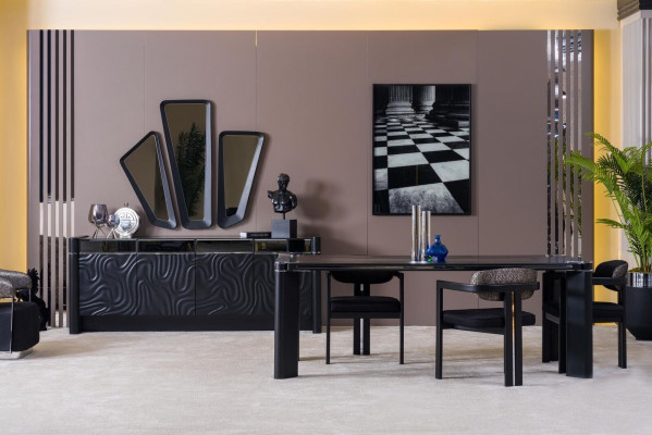 Černá jídelní sestava jídelní stůl 6x židle komoda 3x zrcadlo jídelní skupina luxus