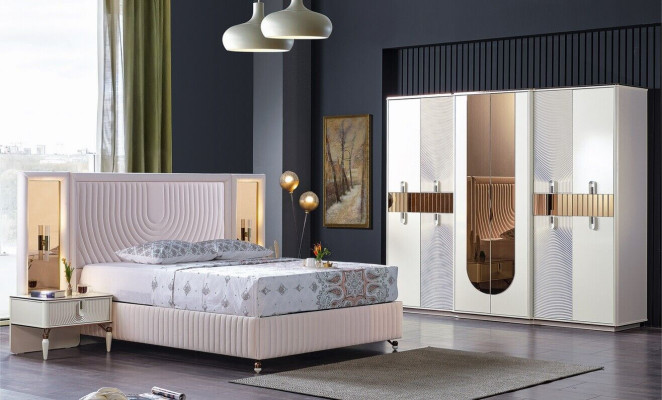 Luxus ložnice set postel 2x noční skříňky skříň dřevo kompletní moderní nové