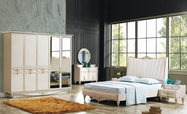 Luxus ložnice Set Postel + 2x noční stolky + skříň + komoda Kompletní moderní.