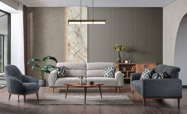 Sofa set 3+3+1 sezení kompletní set obývacího pokoje textilie dřevo pohovka křeslo nové