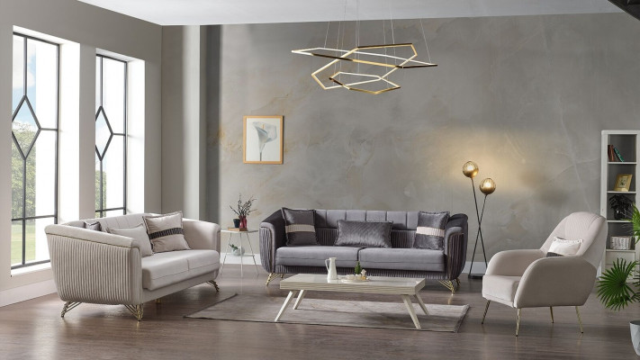 Návrhářská sedací souprava 3+3+1 sedadlo pohovka polstrovaná sada sametu šedá