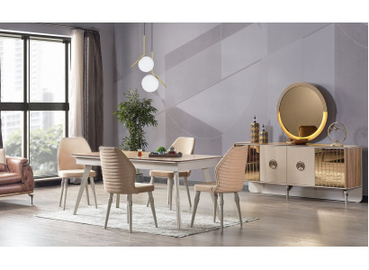 Design jídelna Kompletní jídelní stůl + 6 židlí Moderní nábytek Dřevěný stůl Nový