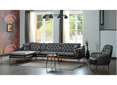Černá obývací sestava s rohovou sedací soupravou ve tvaru písmene L a moderním křeslem Chesterfield kompletní.