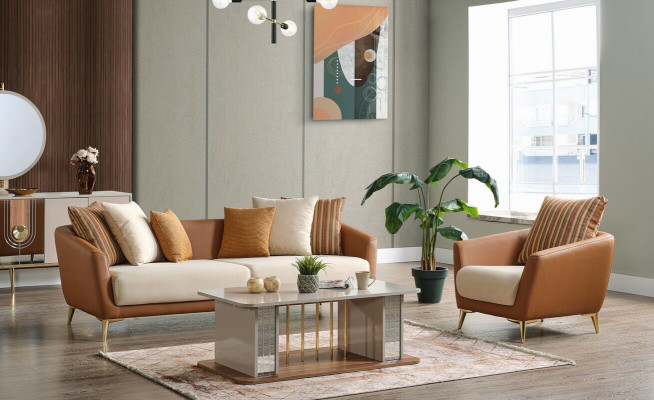 Sofa set 3+1 sedadlo textilní dřevěná pohovka 3místná moderní křeslo kompletní set