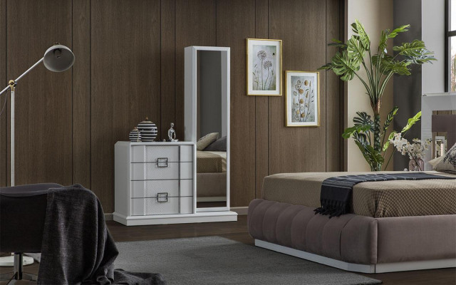 Modern Schlafzimmer Set Bett + 2x Nachttische + Kommode mit Spiegel Luxus Neu