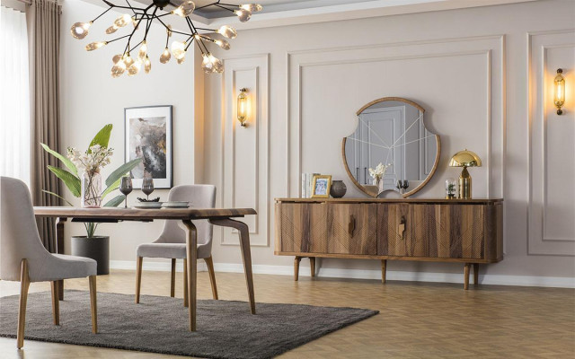 Jídelní stůl + 6 židlí + příborník + zrcadlo jídelní set jídelní skupina skupinový stůl