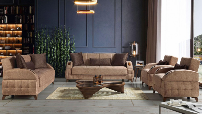 Návrhářská sestava sedací soupravy 3+2+1+1 sedící pohovka s potahem v hnědé barvě.