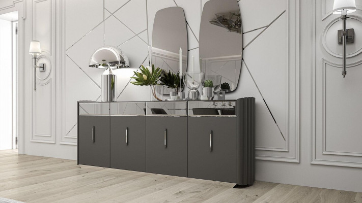 Moderní komoda se 2 zrcadly, designový luxusní nábytek do jídelny z dřeva.