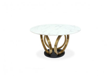 Elegantní kulatý jídelní stůl bílý s mramorovou deskou a nerezovým nohama.