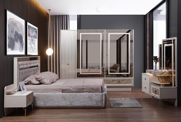 Moderní kompletní ložnice set Designová postel 2x noční stolky 5-dílná