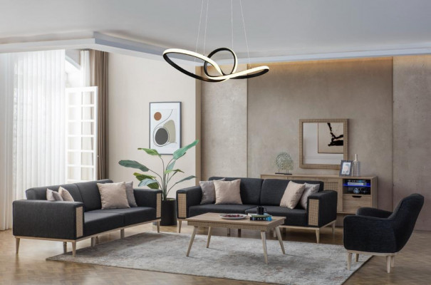 Sedací souprava z šedého exkluzivního textilu, jednosed pro obývací pokoj.