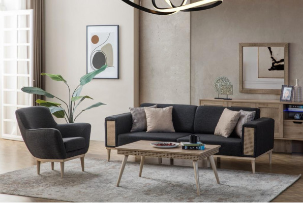 Šedá sada obývacího pokoje Luxus třísedadlová polstrovaná židle Styl Textilní nábytek