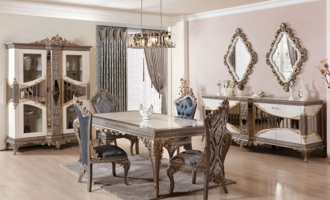 Luxusní bílý jídelní set nábytku jídelny stůl židle zrcadlo