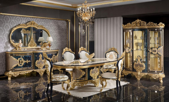 Elegantní klasická jídelní sestava stůl komoda zrcadlo židle