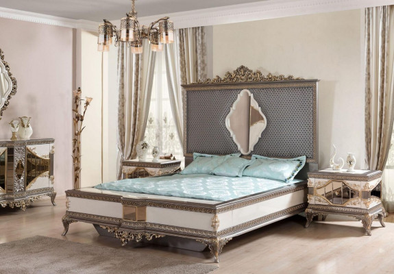 Klasická šedá ložnice Luxus set manželská postel 2x noční stolky