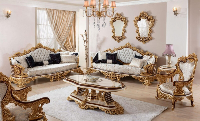 Klasická bílá Chesterfieldská sedací souprava 3+3+1 se stolečkem 4 kusy