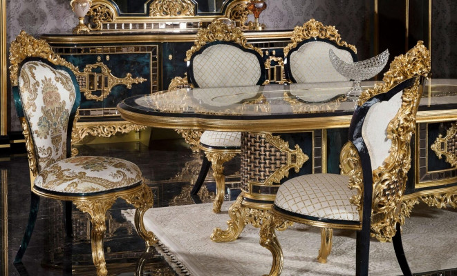 Elegantní černozlatý jídelní stůl se luxusním nábytkem, komoda a jídelní stůl.