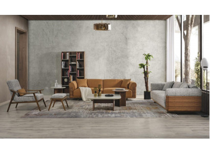 Polštářová sedací souprava, sedací souprava, kompletní hnědá látková látka, látková pohovka