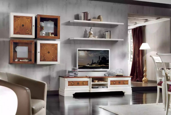 Wohnwand Wohnzimmer Set Weiß Lowboard Wandregale 7tlg Set Wohnwände -> Stěnová jednotka obývacího pokoje bílá nízká skříň nástěnné regály 7dílná sestava stěnových jednotek