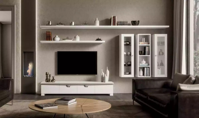 Obývací pokoj nízký nábytek vzorová stěna dřevěná skříň design bílý moderní sada 6dílná.