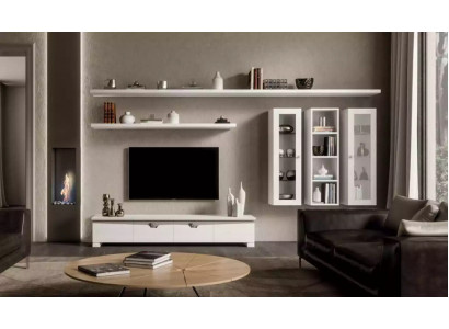 Obývací pokoj nízký nábytek vzorová stěna dřevěná skříň design bílý moderní sada 6dílná.