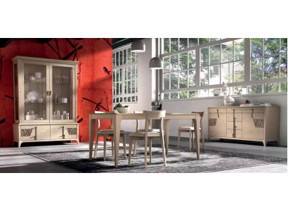Sada nábytku Stůl 4x židle Beige Vitrína Set Jídelní souprava 7 dílů Jídelna