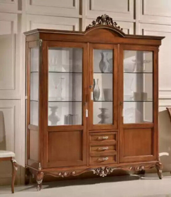 Vitrína Skříň Zasklená Vitrína z Dřeva Klasický Design Dřevěné Vitríny Pro Obývací Pokoj Sklo