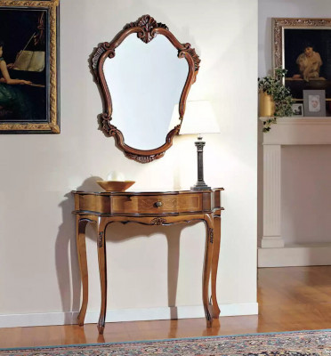 Elegantní hnědý konzolový stůl se zrcadlem, klasická ložnice set