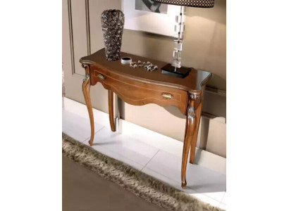 Hnědý luxusní konzolový stolek s šuplíkem, dřevěný nábytek, design ložnice, nový.