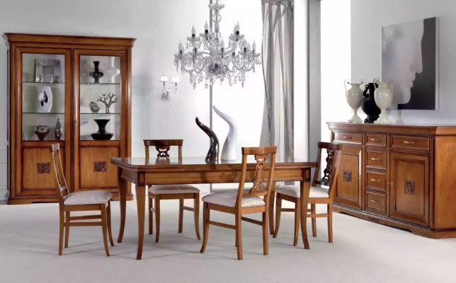 Design jídelní set souprava 7 dílů Dřevěný nábytek 4x židle Stůl Vitrína Nový