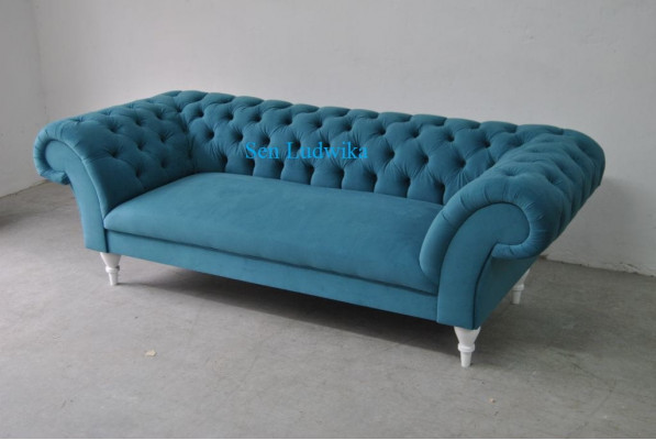 Textilová 3místná modrá látka designová pohovka čalouněné sofa moderní pohovka Chesterfield