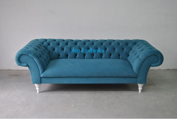 Textilová 3místná modrá látka designová pohovka čalouněné sofa moderní pohovka Chesterfield