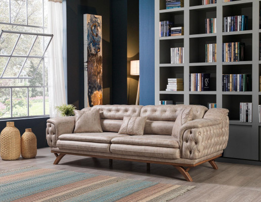 Chesterfield 3místná Beige Design Pohovka Potahové Pohovky Textilní Pohovka