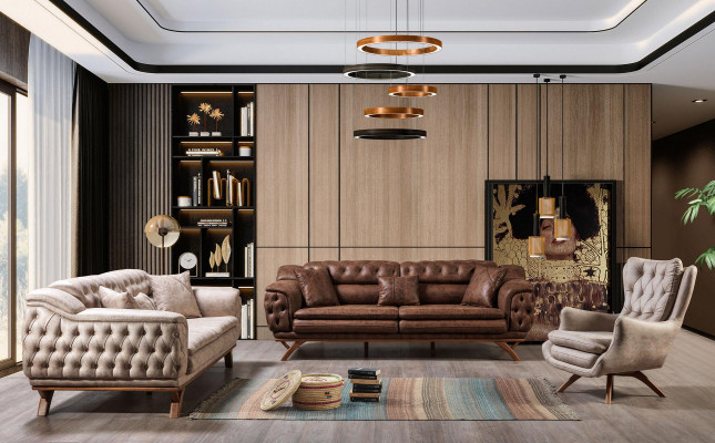 Chesterfield 3místná Beige Design Pohovka Potahové Pohovky Textilní Pohovka