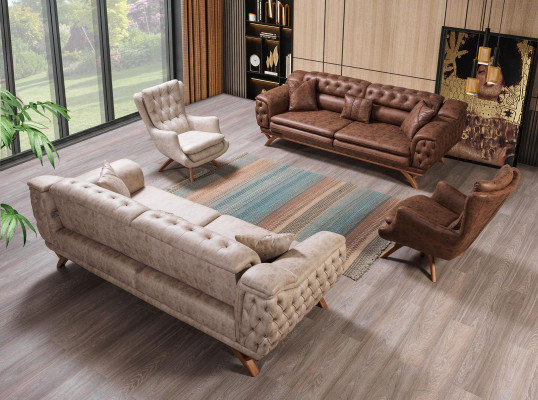 Chesterfield 3místná Beige Design Pohovka Potahové Pohovky Textilní Pohovka