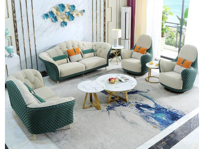 Sofa sestava 3+2+1 sedadla kůže Pohovka Křeslo Design Beige Zelená