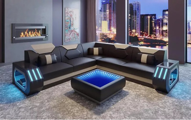 Ecksofa s kůženým čalouněním design obývací pokoj rohová sedací souprava gauč sofa L tvar obývací krajina