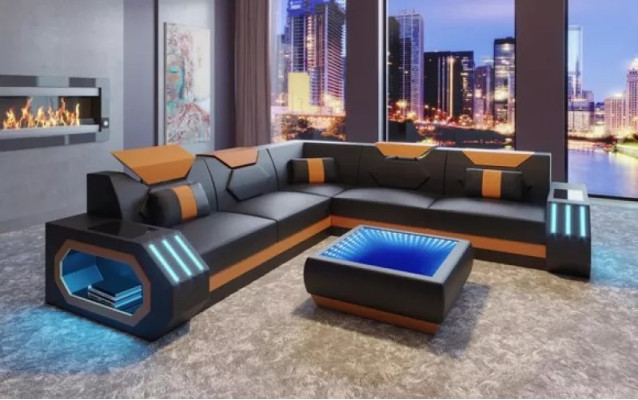 Ecksofa s kůženým čalouněním design obývací pokoj rohová sedací souprava gauč sofa L tvar obývací krajina