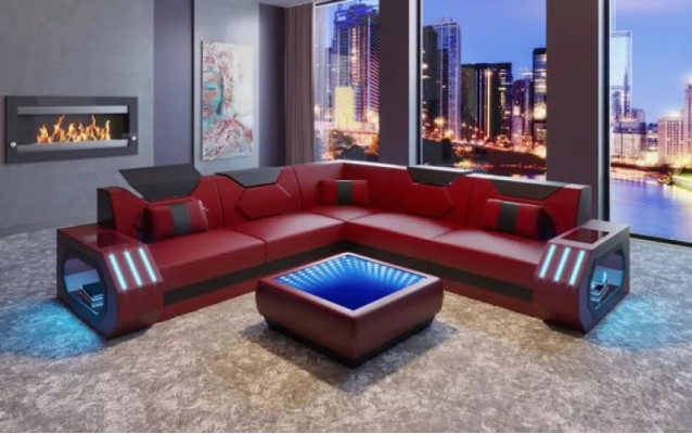 Ecksofa s kůženým čalouněním design obývací pokoj rohová sedací souprava gauč sofa L tvar obývací krajina