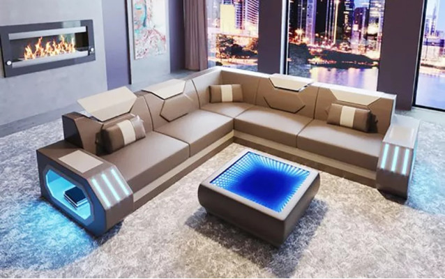 Ecksofa s kůženým čalouněním design obývací pokoj rohová sedací souprava gauč sofa L tvar obývací krajina