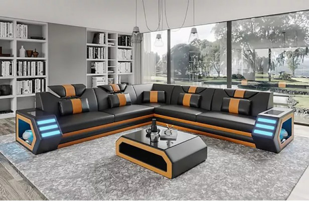 Design obývacího pokojového koutového gauče gauče nábytek kůže potah sedací souprava gauč L tvar + stůl