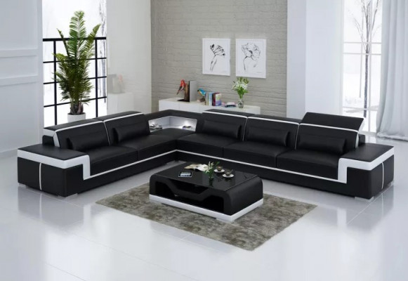 Design obývacího pokoje Rozkládací sedací souprava Nábytek Rohlík Příčkovaný nábytek Kožené čalounění Pohovka Rozkládací pohovka L formě + Stůl