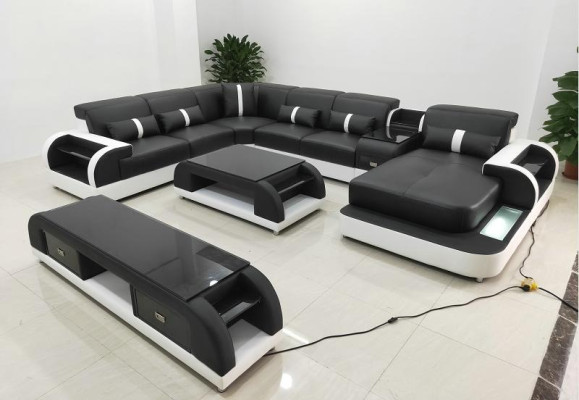 Garnitur Design Wohnlandschaft Ecksofa Sofa Couch U-Form Couchtisch Leder 2tlg