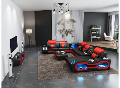 Rohová pohovka v U tvaru, konferenční stůl, potahovaná rohová sedací souprava, rohová pohovka, pohovka, potahované sedadlo, roh.