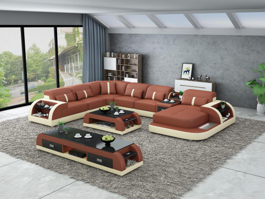 Obývací krajina ve tvaru U, rohová sedací souprava, konferenční stolek, úložný prostor, designová obývací krajina 3 části.